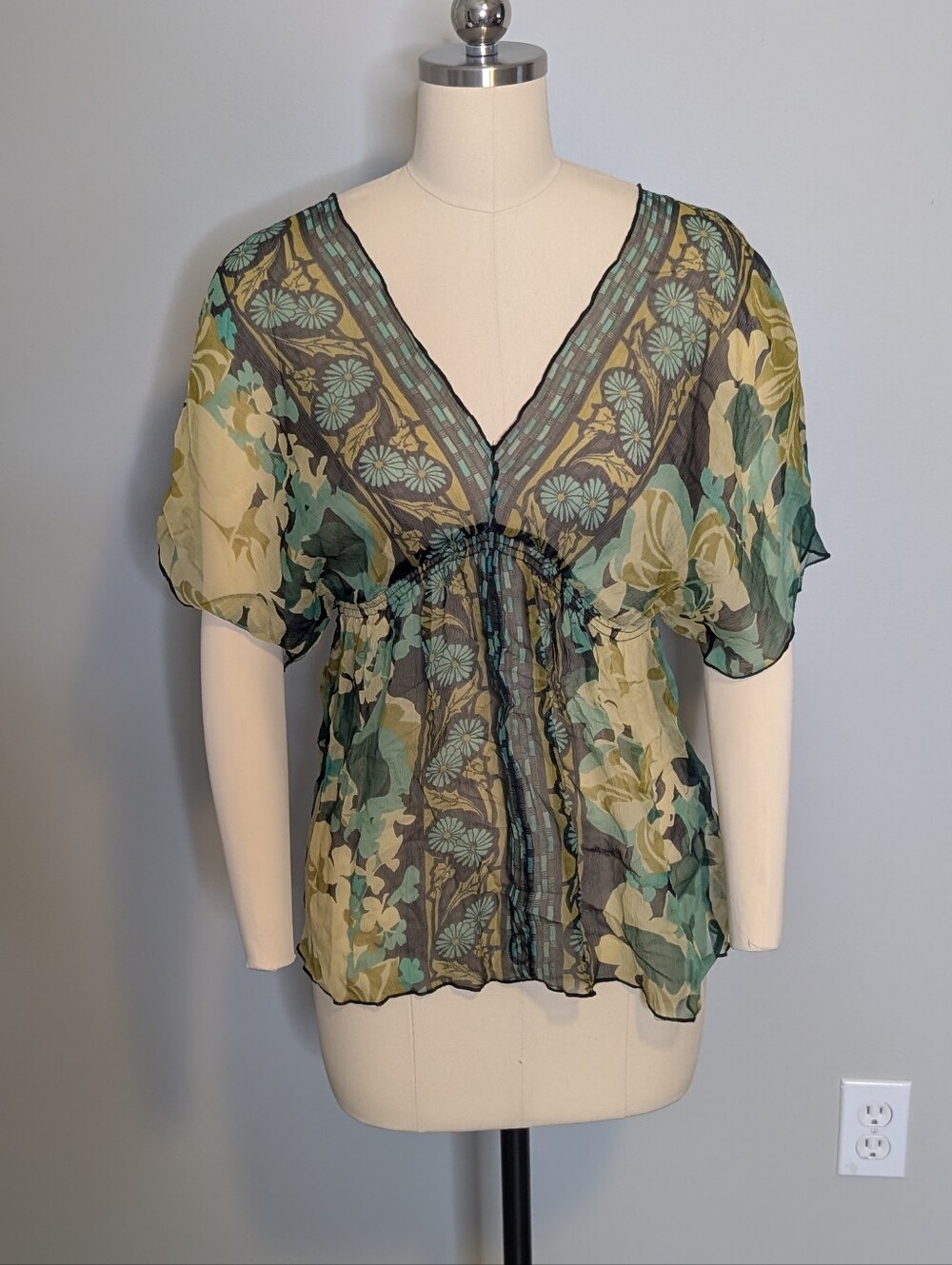 Hale Bob Floral Sheer V-Neck Babydoll Bohemian Blouse Size 6